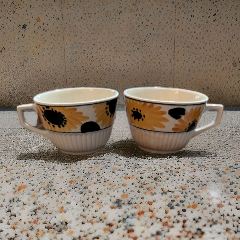 Set of 2 Vintage Hand-Painted Sunflower Ceramic Teacups - Made in England
